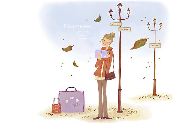 PSD 여자 여행 낙엽 가로등 일러스트 한명 미소 웃음 사람 캐리어 여행가방 가을 여자만 여자한명만 국내일러스트 1 계절 공공시설 잎 가방 표정 파일형식