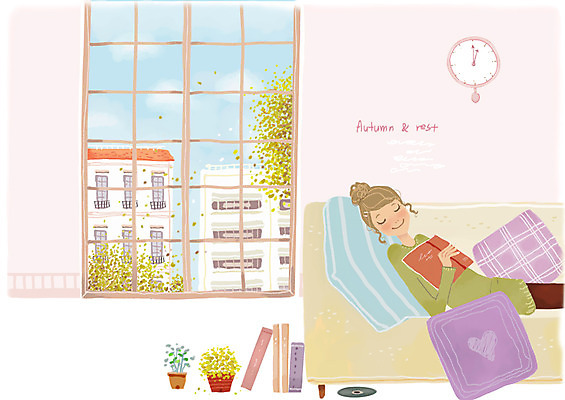 PSD 여자 화분 시계 쿠션 일러스트 창문 휴식 한명 사람 책 소파 가을 창가 낮잠 여자만 여자한명만 국내일러스트 1 계절 컨셉 의자 잠 파일형식