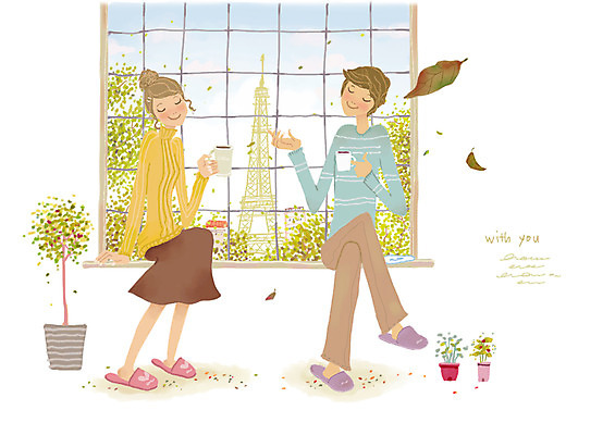 PSD 나무 커플 여자 남자 낙엽 일러스트 창문 티타임 사람 두명 탑 가을 차 창가 국내일러스트 식물 건축물 계절 음료 잎 관계 휴식 파일형식