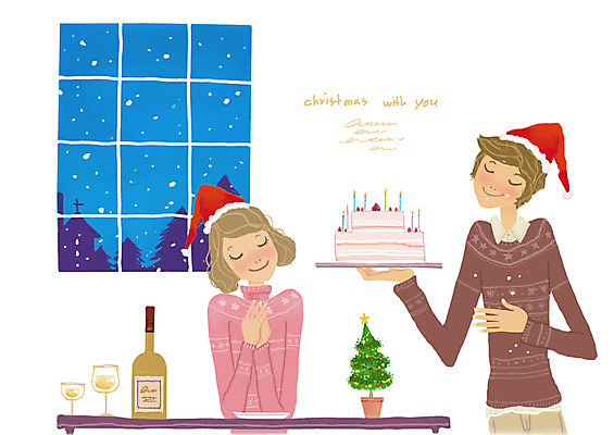 PSD 모자 커플 여자 남자 크리스마스 일러스트 창문 미소 웃음 사람 두명 파티 케이크 와인 샴페인 국내일러스트 잡화 기념일 관계 디저트 주류 표정 이벤트 파일형식