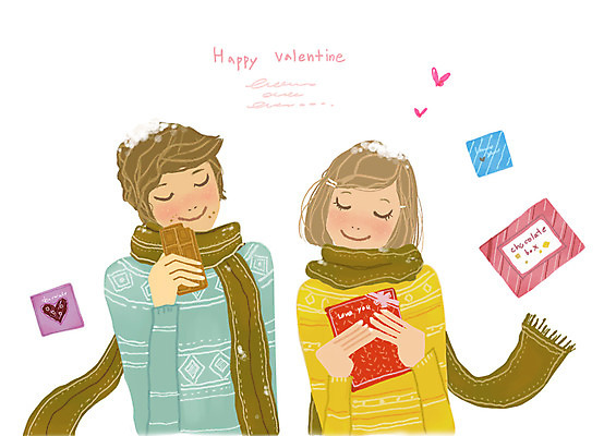 PSD 커플 여자 기념일 남자 일러스트 발렌타인데이 선물 사랑 미소 웃음 사람 두명 초콜릿 목도리 하트 국내일러스트 카드프레임 모양 잡화 감정 관계 데이이벤트 디저트 프레임 표정 이벤트 파일형식