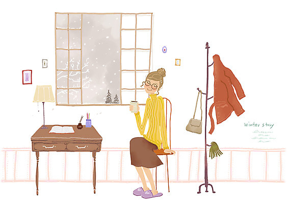 PSD 옷 여자 겨울 의자 가방 일러스트 창문 티타임 휴식 한명 사람 책 방 스탠드 눈 차 옷걸이 책상 여자만 여자한명만 국내일러스트 자연요소 1 잡화 계절 음료 가구 컨셉 날씨 조명 파일형식