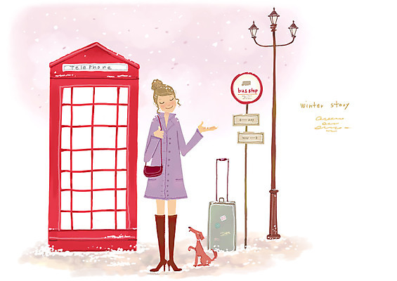 PSD 동물 한마리 계절 여자 여행 겨울 가로등 일러스트 한명 사람 반려동물 캐리어 여행가방 눈 표지판 개 역 버스정류장 강아지 공중전화 여자만 여자한명만 국내일러스트 자연요소 1 공공시설 가방 포유류 교통시설 날씨 알림판 전화기 파일형식