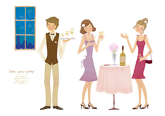 PSD 여자 남자 일러스트 창문 탁자 새해 미소 웃음 사람 세명 파티 와인 꽃병 샴페인 웨이터 국내일러스트 직업 꽃 가구 주류 표정 이벤트 파일형식