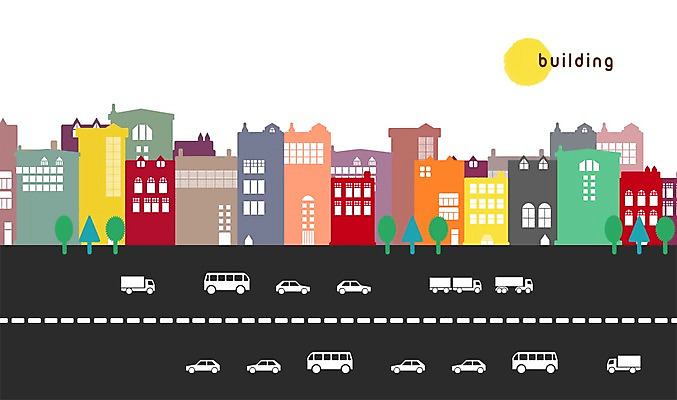 PSD 나무 도로 백그라운드 일러스트 자동차 버스 풍경 빌딩 사람없음 건물 태양 도시 빌딩숲 도시백그라운드 복잡 국내일러스트 자연요소 식물 건축물 길 육상교통 컨셉 교통시설 대중교통 파일형식