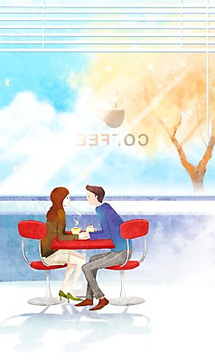 PSD 나무 커플 여자 남자 행복 커피 데이트 일러스트 탁자 함께함 사랑 사람 20대 두명 10대 다정 카페 블라인드 국내일러스트 식물 감정 음료 가구 컨셉 관계 청소년 청년 상점 커튼 파일형식