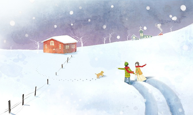 PSD 나무 커플 여자 남자 행복 겨울 데이트 일러스트 주택 함께함 사랑 사람 20대 두명 10대 울타리 설원 다정 눈 강아지 국내일러스트 자연요소 식물 계절 감정 컨셉 관계 청소년 날씨 눈_날씨 청년 건물 담장 반려동물 개 파일형식