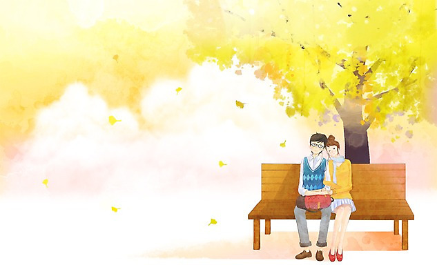 PSD 나무 커플 여자 남자 행복 이어폰 벤치 데이트 일러스트 함께함 사랑 사람 20대 두명 10대 다정 음악감상 은행나무 국내일러스트 식물 감정 음향기기 컨셉 의자 관계 청소년 청년 감상 파일형식