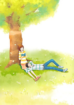 PSD 나무 커플 여자 남자 꽃 행복 데이트 일러스트 휴식 함께함 사랑 사람 잔디 초원 20대 두명 10대 책 독서 다정 무릎베개 국내일러스트 식물 감정 컨셉 관계 모션 청소년 청년 파일형식