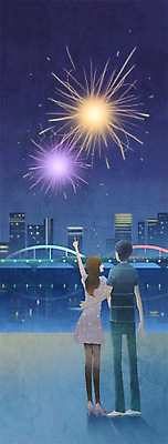 PSD 커플 여자 남자 행복 야경 데이트 일러스트 함께함 불꽃놀이 사랑 사람 빌딩 20대 두명 10대 강 다정 한강 가교 국내일러스트 건축물 감정 컨셉 관계 청소년 놀이 서울 청년 건물 야간 랜드마크 파일형식 풍경_경치