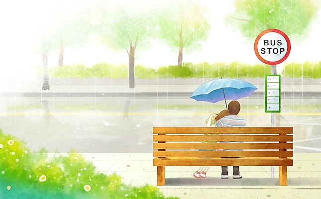 PSD 나무 커플 여자 남자 행복 도로 벤치 데이트 일러스트 우산 날씨 함께함 사랑 사람 20대 두명 10대 다정 비 버스정류장 국내일러스트 자연요소 식물 감정 길 컨셉 의자 관계 교통시설 청소년 청년 역 파일형식