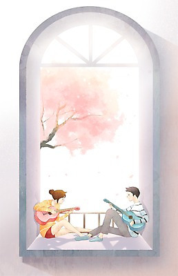 PSD 나무 커플 여자 남자 행복 악기 연주 데이트 일러스트 창문 함께함 사랑 사람 20대 두명 10대 다정 기타 벚나무 국내일러스트 식물 감정 음악 컨셉 관계 청소년 현악기 청년 벚꽃 파일형식