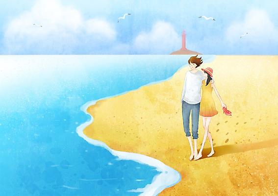 PSD 커플 여자 남자 행복 데이트 일러스트 갈매기 등대 함께함 사랑 사람 20대 해변 두명 10대 모래사장 다정 국내일러스트 감정 바다 컨셉 관계 청소년 조류 청년 파일형식