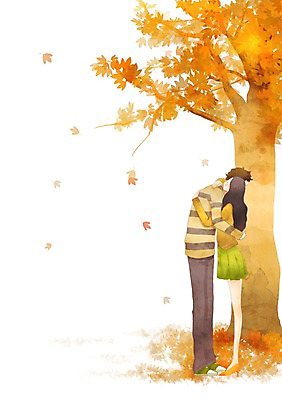 PSD 나무 커플 여자 남자 행복 낙엽 데이트 일러스트 포옹 함께함 사랑 사람 20대 두명 10대 다정 가을 국내일러스트 식물 계절 감정 컨셉 잎 관계 안기 청소년 청년 파일형식