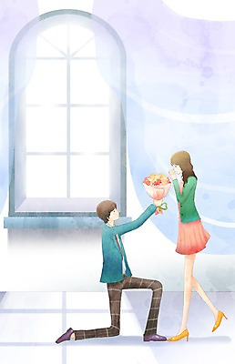 PSD 커플 여자 남자 행복 꽃다발 프로포즈 일러스트 창문 함께함 사랑 사람 20대 두명 10대 다정 커튼 국내일러스트 꽃 감정 컨셉 관계 청소년 청년 파일형식