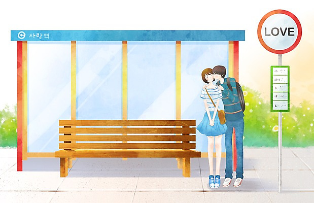 PSD 커플 여자 남자 행복 벤치 데이트 일러스트 키스 함께함 사랑 사람 잔디 초원 20대 두명 10대 다정 표지판 역 국내일러스트 식물 감정 컨셉 의자 관계 교통시설 청소년 알림판 청년 애정표현 파일형식