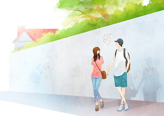 PSD 나무 커플 여자 남자 행복 벽 데이트 일러스트 주택 함께함 사랑 사람 20대 두명 10대 담장 손잡기 다정 골목길 낙서 국내일러스트 식물 감정 길 컨셉 관계 모션 청소년 청년 건물 파일형식