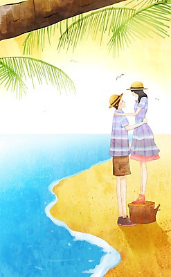 PSD 커플 여자 남자 행복 데이트 일러스트 함께함 사랑 사람 20대 해변 두명 10대 모래사장 야자수 마주보기 다정 나무밑둥 국내일러스트 나무 감정 바다 컨셉 관계 모션 청소년 청년 파일형식