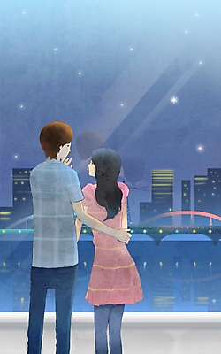 PSD 커플 여자 남자 행복 별 야경 데이트 일러스트 함께함 사랑 사람 빌딩 20대 두명 10대 강 다정 도시 가교 국내일러스트 자연요소 건축물 감정 컨셉 관계 청소년 청년 건물 야간 파일형식 풍경_경치