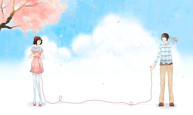 PSD 나무 구름 커플 여자 남자 행복 일러스트 함께함 사랑 사람 20대 두명 10대 다정 운세 운명 실 벚나무 국내일러스트 자연요소 식물 감정 컨셉 관계 청소년 청년 벚꽃 파일형식