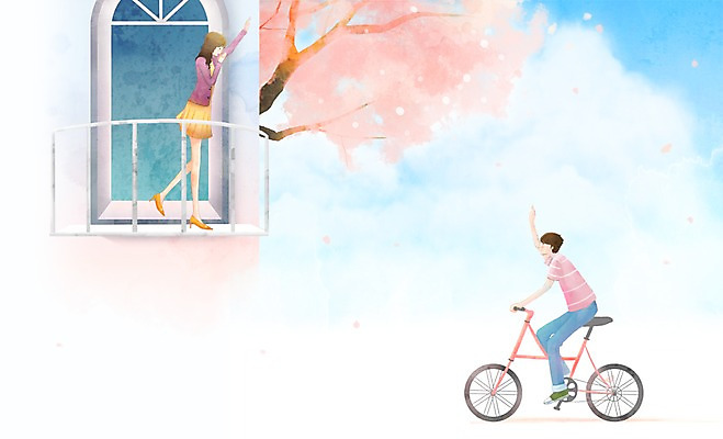 PSD 손 커플 여자 남자 행복 일러스트 주택 함께함 사랑 사람 20대 두명 10대 자전거 다정 발코니 벚나무 흔들림 마중 국내일러스트 나무 감정 컨셉 관계 모션 청소년 청년 건물 신체부위 바이크 벚꽃 파일형식