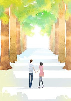 PSD 나무 커플 여자 남자 행복 데이트 일러스트 함께함 그림자 사랑 사람 20대 두명 10대 손잡기 다정 산책 숲 가로수 국내일러스트 식물 감정 컨셉 관계 모션 청소년 휴식 청년 파일형식