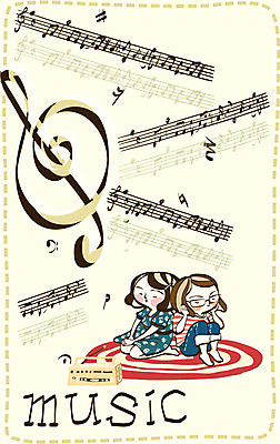 EPS 여자 교육 표지 음악 음표 일러스트 교과목 청소년 수업 사람 두명 10대 카펫 음악감상 높은음자리표 악보 라디오 여자만 십대만 십대여자만 국내일러스트 기호 문화예술 전자제품 감상 파일형식 벡터