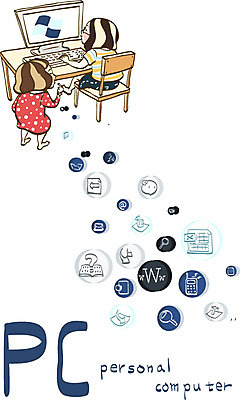 EPS 여자 교육 표지 의자 일러스트 교과목 청소년 수업 사람 두명 10대 컴퓨터 픽토그램 책상 자매 여자만 십대만 국내일러스트 가구 가족 전자제품 파일형식 벡터