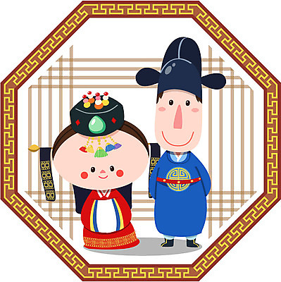 EPS 캐릭터 전통 여자 남자 결혼 일러스트 전통캐릭터 미소 웃음 사람 두명 전통문양 전통의상 전통혼례 일러캐릭터 한국전통 문양 표정 이벤트 전통의례 파일형식 벡터