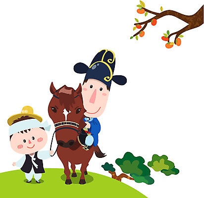 EPS 나무 동물 캐릭터 한마리 전통 남자 신랑 일러스트 전통캐릭터 사람 두명 말_동물 전통의상 한복 감나무 전통혼례 마부 남자만 일러캐릭터 식물 1 한국전통 결혼 포유류 감 전통의례 파일형식 벡터