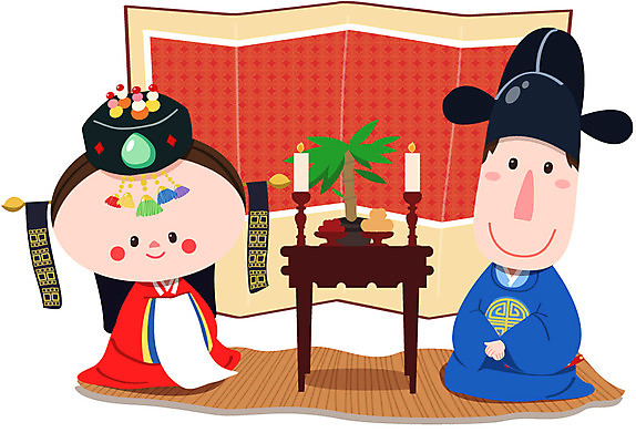 EPS 캐릭터 전통 여자 남자 신부 신랑 결혼 일러스트 초 전통캐릭터 미소 웃음 사람 두명 배 전통의상 대나무 전통혼례 돗자리 대추 병풍 일러캐릭터 나무 한국전통 과일 표정 이벤트 전통의례 파일형식 벡터