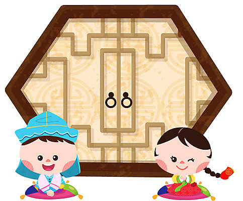 EPS 캐릭터 전통 어린이 일러스트 전통캐릭터 방석 미소 웃음 사람 소녀 소년 두명 전통문양 문 전통의상 한복 세배 어린이만 일러캐릭터 한국전통 문양 여자 남자 표정 절_인사 파일형식 벡터