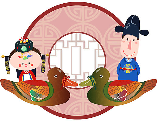 EPS 캐릭터 전통 커플 여자 남자 신부 한쌍 신랑 일러스트 전통캐릭터 미소 웃음 사람 두명 전통문양 전통의상 원앙 전통혼례 일러캐릭터 한국전통 문양 결혼 관계 조류 표정 전통의례 파일형식 벡터