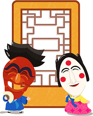 EPS 캐릭터 전통 여자 남자 일러스트 전통캐릭터 사람 두명 문 부채 전통의상 한복 탈 하회탈 각시탈 일러캐릭터 한국전통 가면 파일형식 벡터