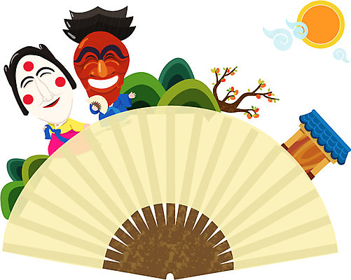 EPS 나무 구름 캐릭터 전통 여자 남자 일러스트 전통캐릭터 산 기와집 사람 두명 태양 부채 전통의상 한복 감나무 탈 하회탈 각시탈 일러캐릭터 자연요소 식물 한국전통 한옥 감 가면 파일형식 벡터