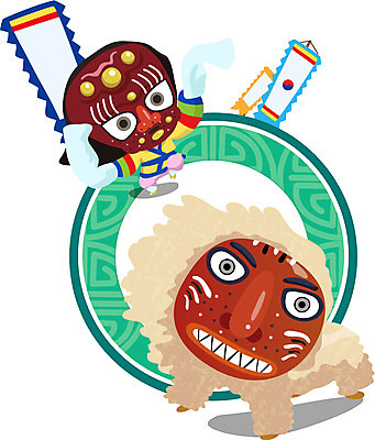 EPS 캐릭터 전통 일러스트 전통캐릭터 사람 두명 전통문양 깃발 전통의상 탈춤 전통무용 탈 봉산탈춤 사자탈춤 일러캐릭터 문양 가면 춤 전통공연 파일형식 벡터