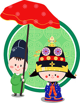 EPS 캐릭터 전통 여자 남자 일러스트 전통캐릭터 미소 웃음 사람 두명 전통문양 전통의상 여왕 궁중혼례 신하 해가리개 홍개 일러캐릭터 문양 전통소품 표정 전통혼례 파일형식 벡터