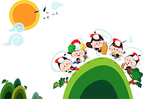 EPS 구름 캐릭터 전통 여자 남자 일러스트 전통캐릭터 산 미소 웃음 사람 여러명 태양 전통놀이 학 소나무 전통의상 풍물놀이 놀이패 사물놀이패 일러캐릭터 자연요소 나무 다수 놀이 조류 표정 국악 사물놀이 파일형식 벡터