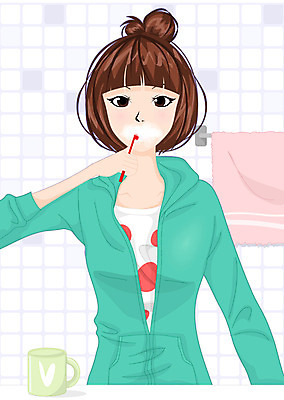 EPS 라이프스타일 여자 일러스트 한명 사람 20대 성인 라이프 컵 수건 욕실 양치 치아 칫솔 화장실 여자만 여자한명만 성인여자만 청년만 청년여자만 성인한명만 청년여자한명만 성인여자한명만 성인만 국내일러스트 1 식기 청년 생활 위생용품 청결 소화기관 파일형식 벡터