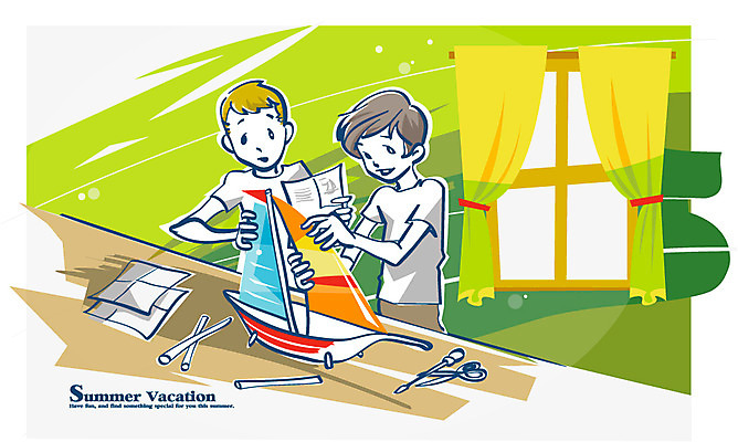 EPS 계절 교육 여유 일러스트 창문 중학생 청소년 가위 여름방학 사람 두명 여름 도구 커튼 드라이버 공작 책상 즐거움 모형요트 설명서 수수깡 남자만 십대만 십대남자만 국내일러스트 학생 감정 가구 조류 방학 문구용품 모형 공구 파일형식 벡터 여름_계절