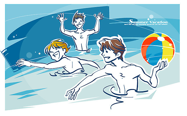 EPS 계절 교육 남자 여유 일러스트 공 청소년 물놀이 고등학생 여름방학 미소 웃음 사람 세명 여름 즐거움 공놀이 십대만 국내일러스트 학생 감정 놀이 방학 표정 파일형식 벡터 여름_계절