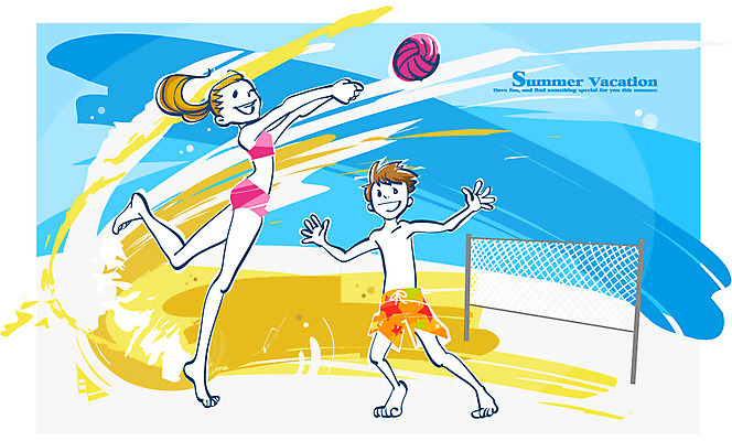EPS 계절 교육 수영복 여유 초등학생 일러스트 공 중학생 청소년 휴가 여름방학 사람 해변 두명 여름 모래사장 네트 비치발리볼 즐거움 십대만 국내일러스트 학생 옷 감정 스포츠 바다 방학 비치볼 배구 파일형식 벡터 여름_계절