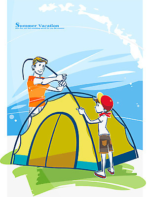 EPS 계절 교육 남자 아들 여유 어린이 일러스트 여름방학 텐트 사람 소년 성인 두명 여름 아빠 즐거움 지지대 부자지간 남자만 국내일러스트 감정 가족 방학 캠핑도구 도구 파일형식 벡터 여름_계절