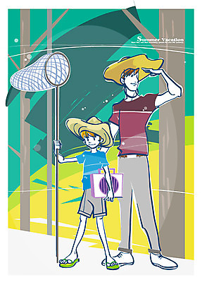 EPS 나무 계절 교육 남자 아들 여유 초등학생 어린이 일러스트 여름방학 서기 사람 소년 성인 두명 여름 아빠 숲 즐거움 밀짚모자 곤충채집 채집망 부자지간 남자만 국내일러스트 식물 모자_잡화 학생 감정 곤충 가족 모션 방학 수집 파일형식 벡터 여름_계절