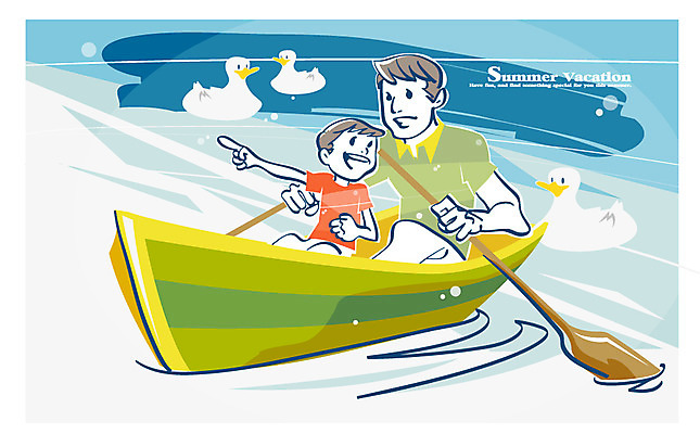 EPS 계절 교육 남자 아들 호수 여유 어린이 일러스트 오리 여름방학 미소 웃음 사람 소년 성인 두명 여름 아빠 즐거움 노 선박 부자지간 남자만 국내일러스트 감정 수상교통 가족 조류 방학 표정 파일형식 벡터 여름_계절