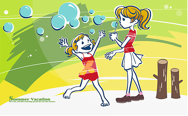 EPS 계절 여자 교육 여유 어린이 일러스트 청소년 놀이 여름방학 미소 웃음 사람 소녀 초원 두명 여름 비눗방울 즐거움 여자만 십대만 십대여자만 국내일러스트 감정 방학 표정 파일형식 벡터 여름_계절