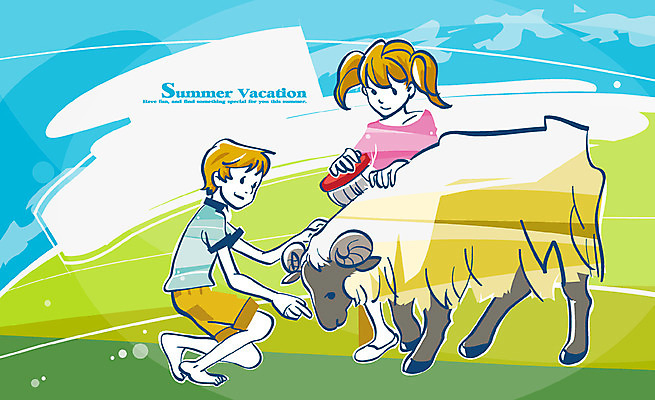 EPS 동물 한마리 계절 교육 여유 어린이 일러스트 중학생 청소년 털 뿔 여름방학 미소 웃음 사람 초원 두명 여름 가축 머리빗 양 즐거움 십대만 국내일러스트 1 학생 감정 포유류 방학 표정 미용용품 파일형식 벡터 여름_계절