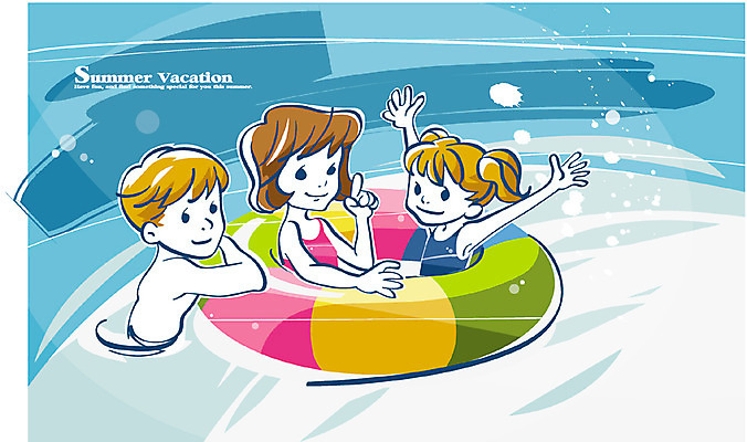 EPS 계절 교육 수영복 여유 초등학생 어린이 일러스트 물놀이 여름방학 미소 웃음 사람 소녀 소년 세명 물 여름 즐거움 튜브 어린이만 국내일러스트 자연요소 학생 옷 여자 남자 감정 놀이 방학 표정 파일형식 벡터 여름_계절