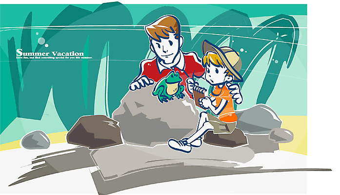 EPS 동물 한마리 계절 교육 남자 아들 여유 초등학생 어린이 일러스트 여름방학 개구리 양서류 미소 웃음 사람 소년 성인 두명 여름 계곡 다이어리 돌_바위 바위 관찰 아빠 즐거움 부자지간 남자만 국내일러스트 1 학생 감정 가족 모션 방학 표정 사무용품 파일형식 벡터 여름_계절