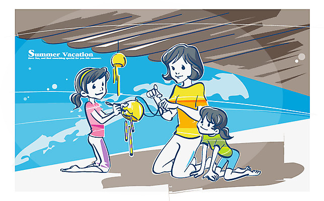 EPS 계절 여자 교육 딸 여유 초등학생 일러스트 엄마 한옥 여름방학 사람 풍경 세명 여름 붓 색칠 대청 즐거움 자매 처마 여자만 국내일러스트 학생 한국전통 감정 고건축 가족 방학 파일형식 벡터 여름_계절